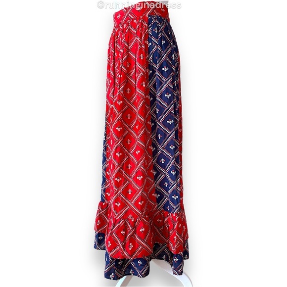 Vintage 70’s Prairie Maxi Skirt Blue & Red Calico Floral Print Ruffle Hem - Picture 5 of 15